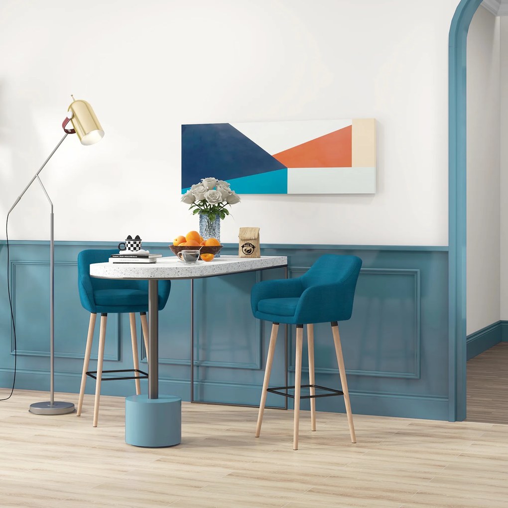 HOMCOM Taburete de Bar Design scandinav - Set de 2 Taburete de Bar Grand Confort cu Suport pentru Picioare și Cotiere - Lemn masiv Lână albastră | Aosom Romania
