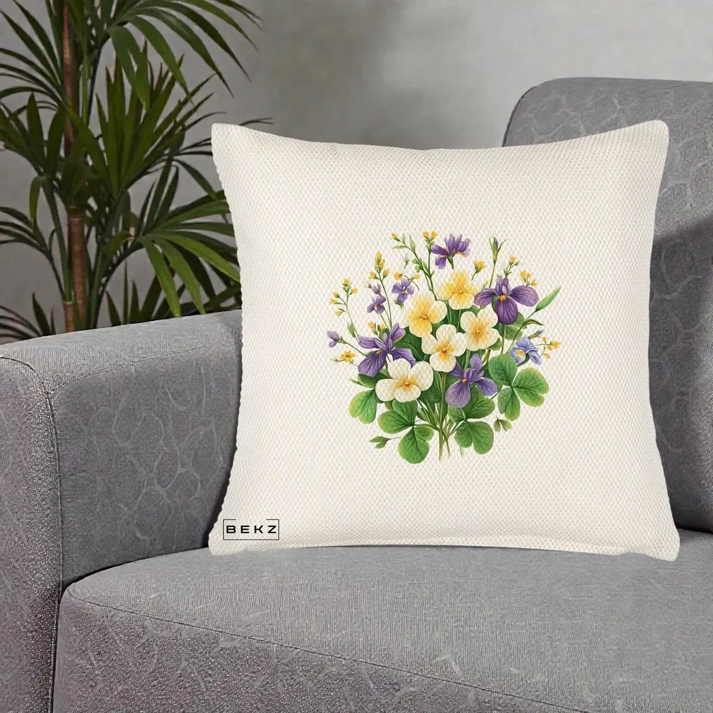 Perna Decorativa Viorele Iris Violet si Trifoi, 40x40 cm, Crem Reliefat, Husa Detasabila, Perna Inclusa, BEKZ®