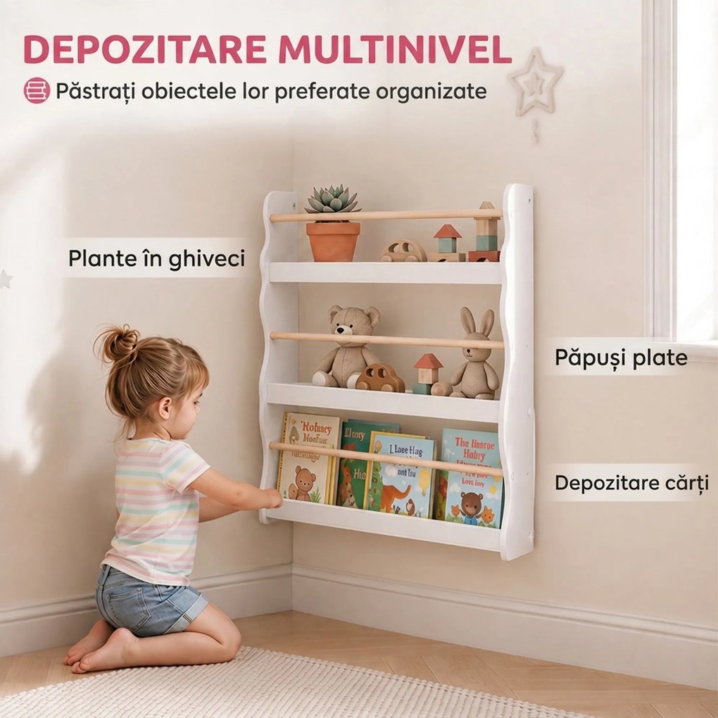 AIYAPLAY Bibliotecă Montessori pentru Copii 3-8 Ani, 3 Rafturi, 60x15x73 cm, pentru Cameră, Alb | Aosom Romania