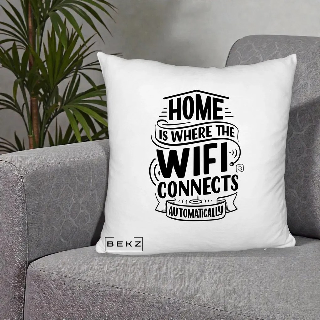 Perna Decorativa Home Is Where WiFi Connects, 40x40 cm, Alb Pufos, Husa Detasabila, Perna Inclusa, BEKZ®