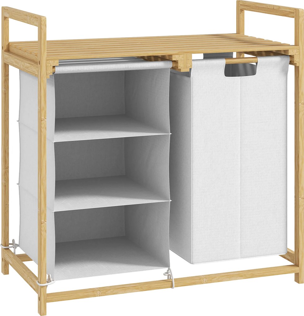 HOMCOM Coș pentru Rufe cu 2 Saci Detașabili, Dulap pentru Rufe de Baie cu Mânere și Raft din Bambus, 70x36x70 cm, Alb | Aosom Romania