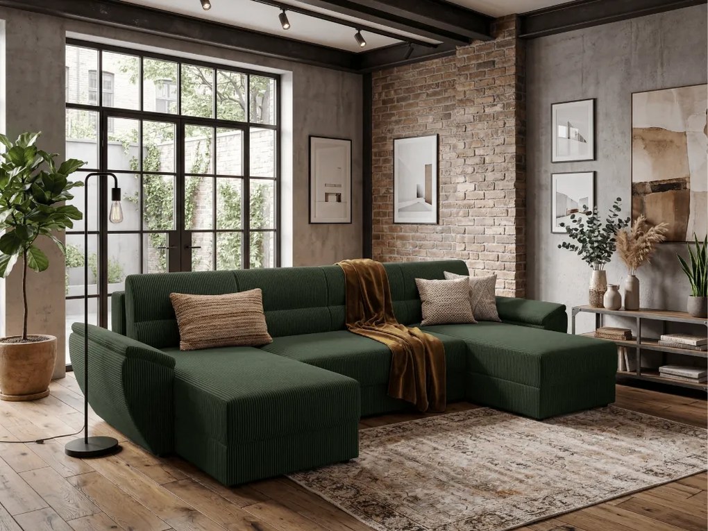 Coltar extensibil in forma de U TAVERO 321x140 cm, verde inchis