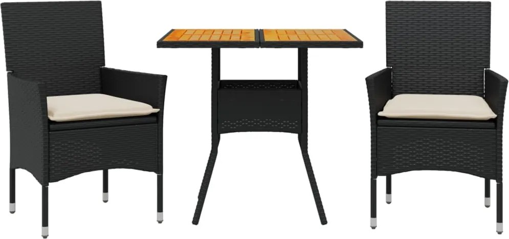 vidaXL Set mobilier grădină perne 3 piese negru poliratan/lemn acacia