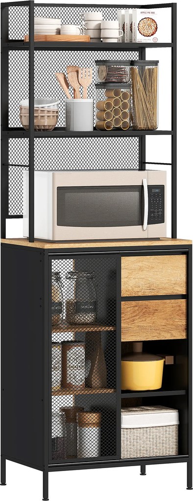 HOMCOM Bufet, dulap de bucătărie, blat de lucru, ușă glisantă, sertare și rafturi deschise, 60x40x180cm, lemn natural | Aosom Romania