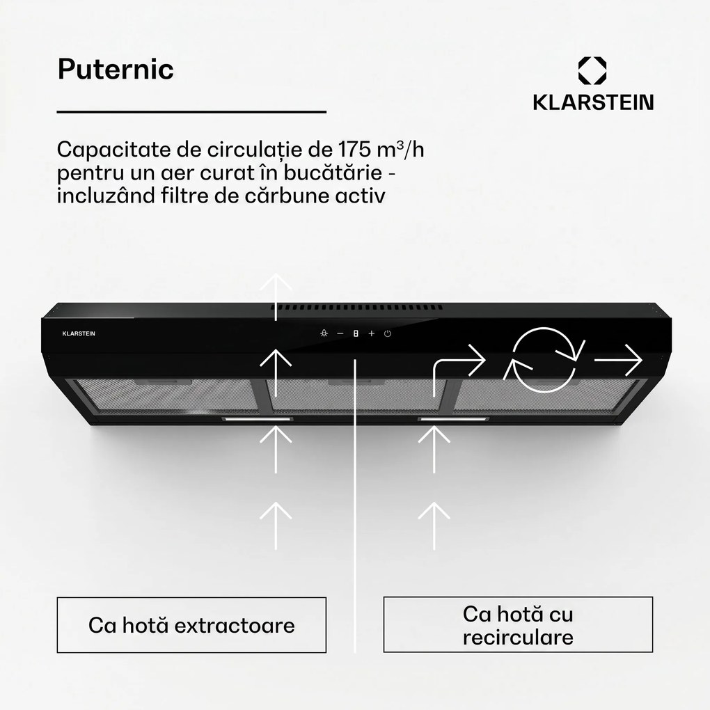 Klarstein Contempo Neo, hotă, sub dulap, recirculare, 192 m³/h, SenseControl, control tactil integrat, oțel inoxidabil / sticlă acrilică