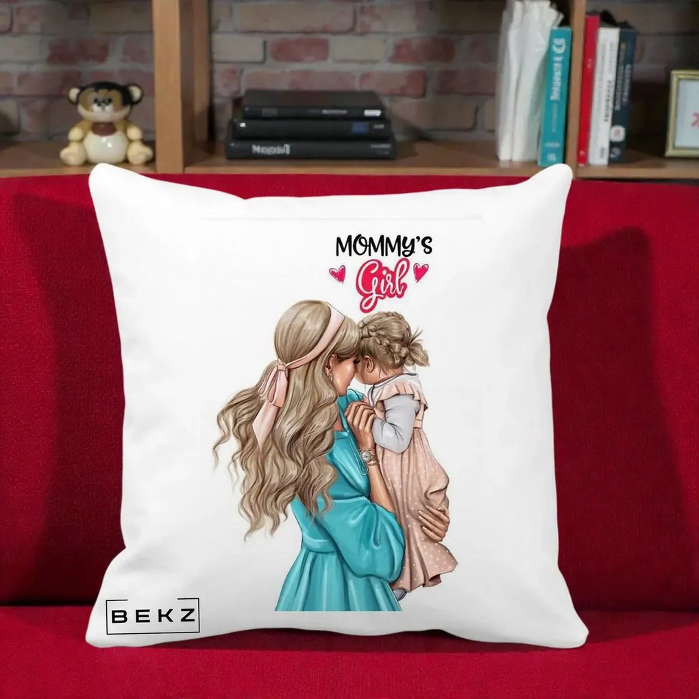 Cadou pentru Mama - Perna Personalizata Mommy's Girl Mama si Fetita, 40x40 cm, Alba Mata, Husa Detasabila, Perna Inclusa, BEKZ®