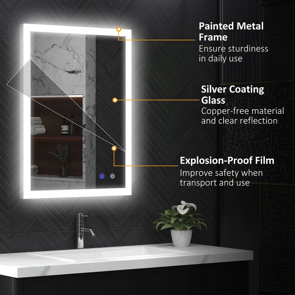 Kleankin Oglinda LED, Oglinda de Machiaj de Perete cu 3 Lumini, 800x600mm, Tactilă, Anti-Ceță, Montare Orizontală/Verticală | Aosom Romania