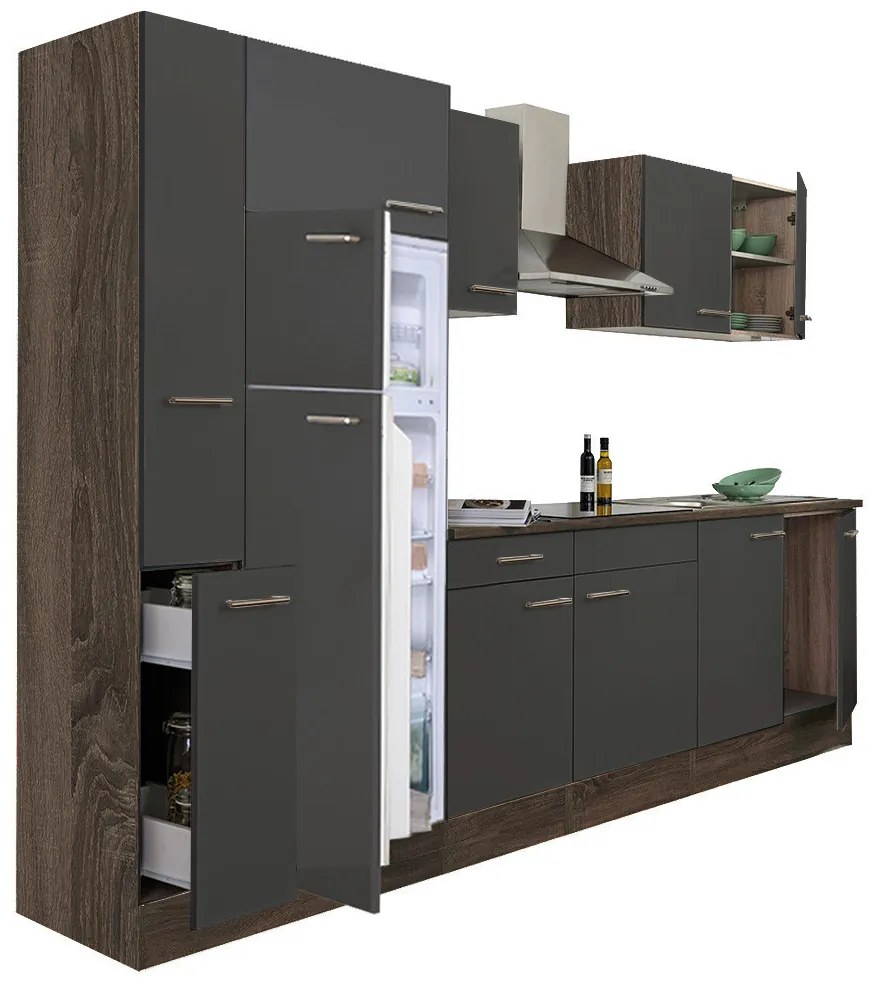 Mobilă de bucătărie Yorki 300, corp din stejar Yorki, față antracit satinat, frigider cu congelator superior
