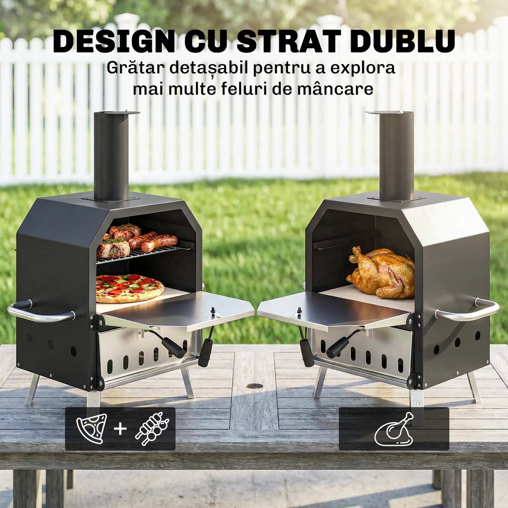 Outsunny Cuptor pizza exterior pe lemne Cuptor pizza din oțel inoxidabil 2 niveluri cu piatră pentru pizza grosime 1 cm picioare pliabile | Aosom Romania