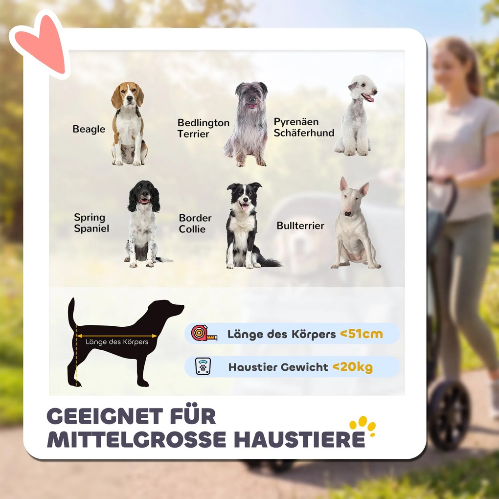 PawHut Cărucior pliabil pentru câini cu pernă lavabilă, ferestre din plasă, 3 roți, pentru câini de talie medie până la 20 kg, Gri | Aosom Romania