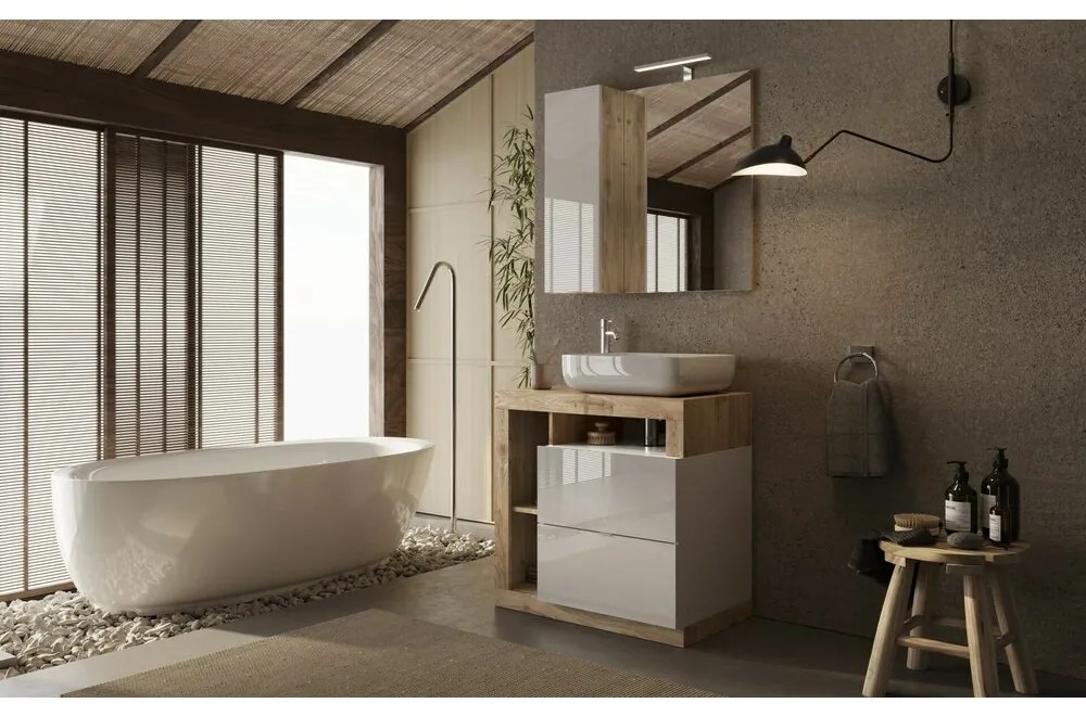 Set dulap baza pe pardoseala si lavoar LC Mobili Italia Hamburg 79 cm finisaj alb/maro lemn