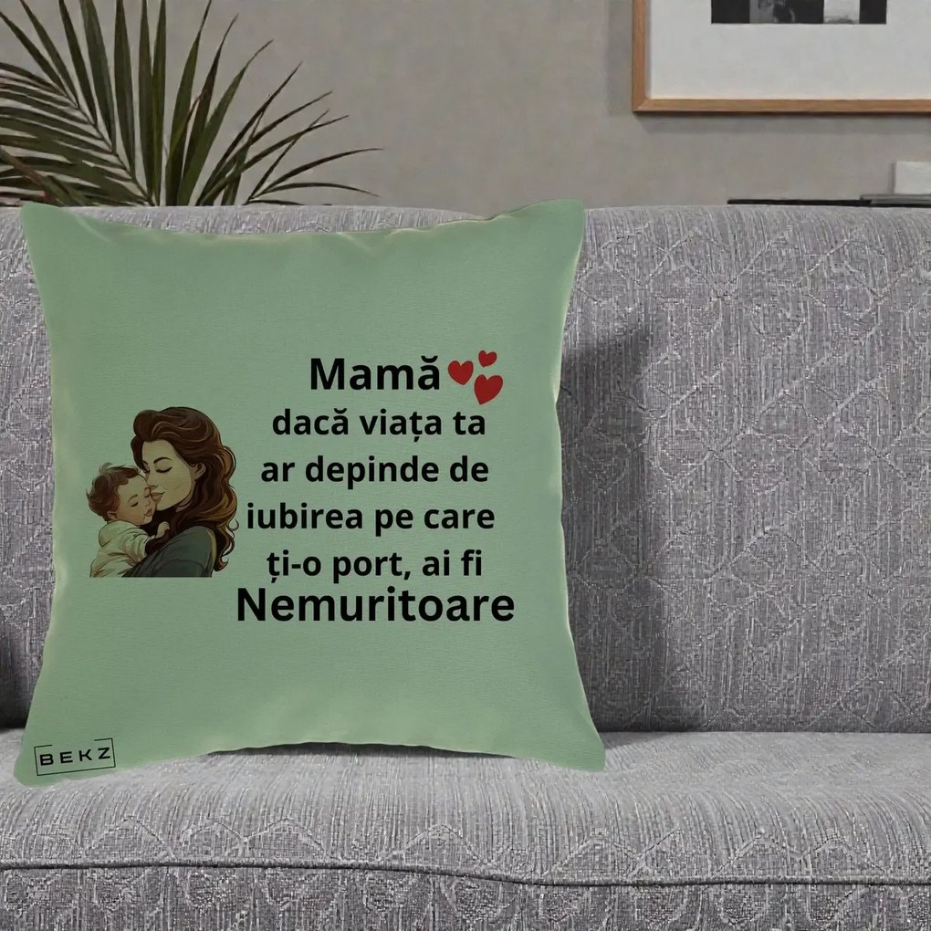 Cadou pentru Mama - Perna Personalizata Mama Nemuritoare cu Bebelus Lineart, 40x40 cm, Verde, Husa Detasabila, Perna Inclusa, BEKZ®
