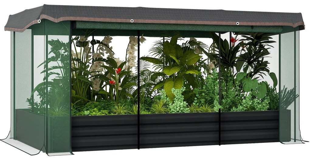 Outsunny Pat înalt cu plasă de protecție pentru păsări și protecție solară, carcasă metalică, 230x110x110 cm, Gri/Verde/Negru | Aosom Romania