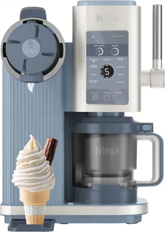 Mașină de înghețată 13-în-1 Ninja CREAMi Scoop & Swirl™ NC702EU, 800 W, 13 programe, manetă cu 3 poziții pentru cornetele de înghețată, CreamiFit, Creamify, 2 cupe de 473 ml, Personalizare, Albastru/Gri