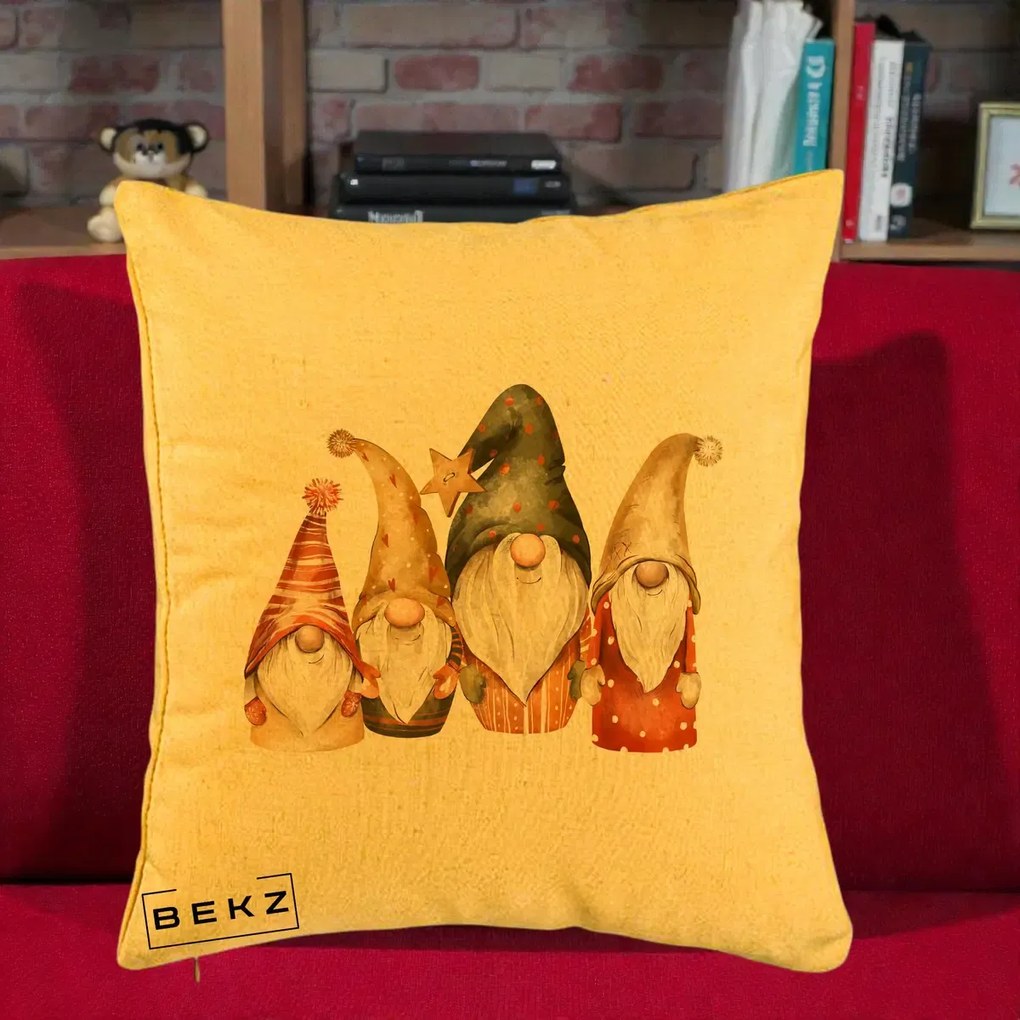 Perna Decorativa Gnomi de Craciun Patru, 40x40 cm, Galben, Husa Detasabila, Perna Inclusa, BEKZ®