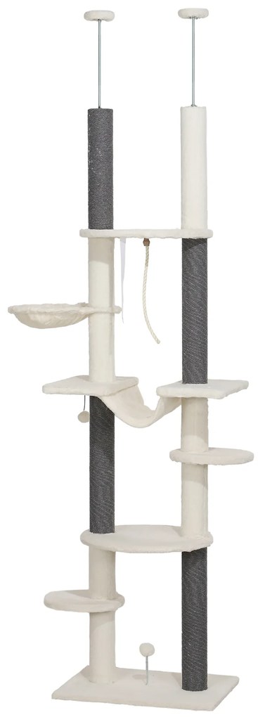 PawHut Pom pentru zgâriere, înalt de tavan, ajustabil 225-255 cm, Platforme & Hamace, Sistem de protecție anti-răsturnare, Alb | Aosom Romania