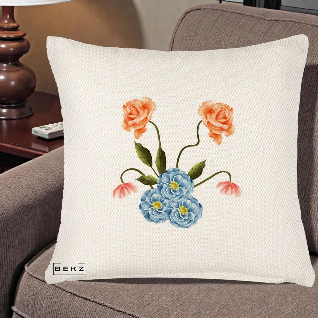 Perna Decorativa Trandafiri si Bujori Acuarela, 40x40 cm, Crem Reliefat, Husa Detasabila, Perna Inclusa, BEKZ®