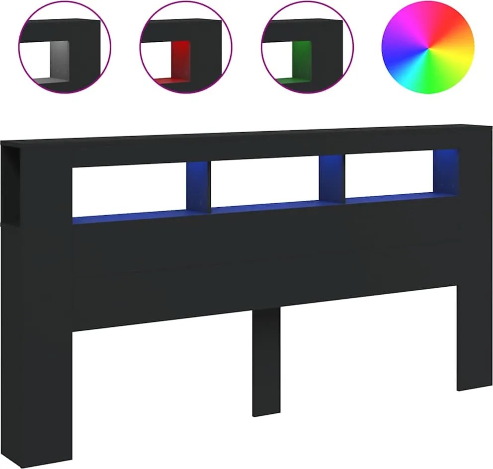 vidaXL Tăblie de pat cu LED, negru, 200x18,5x103,5 cm, lemn prelucrat