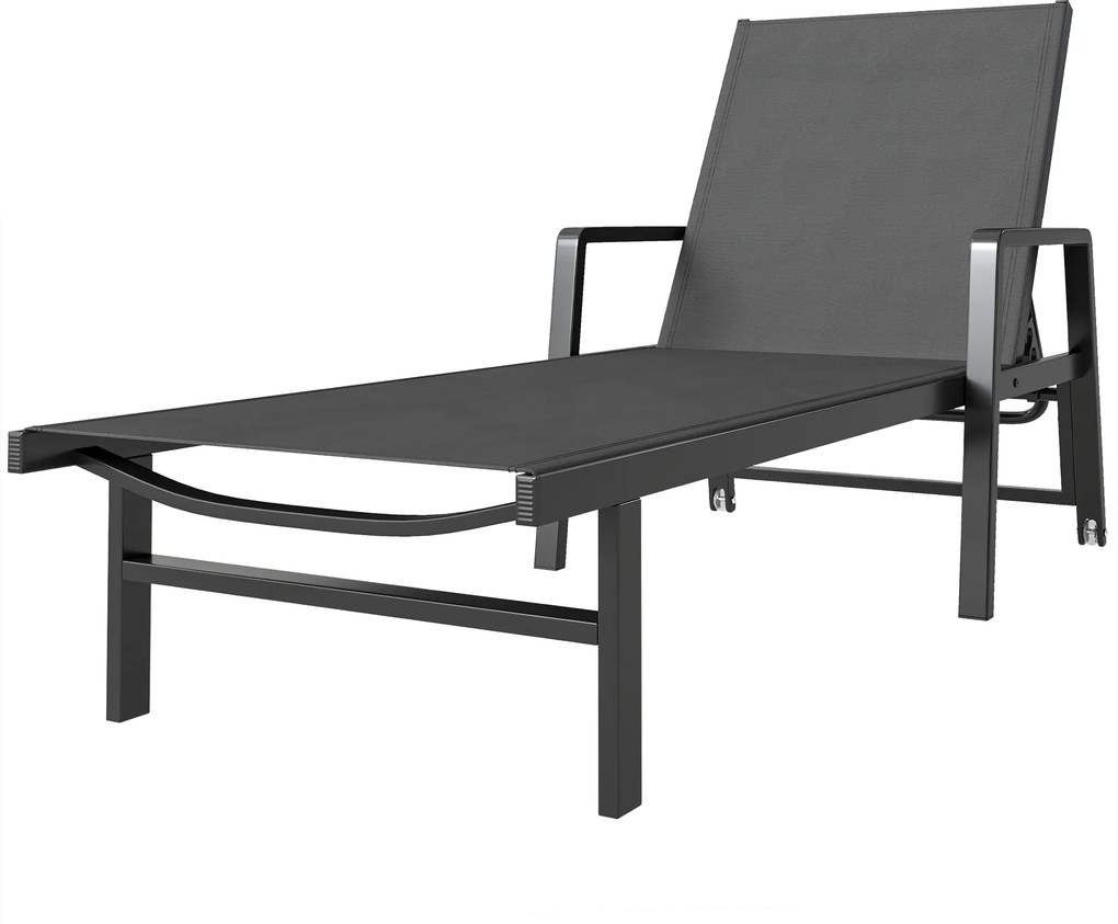 Outsunny Șezlong de grădină din textilenă și aluminiu, reglabil în 4 poziții cu roți și brațere, 65x189x80cm, Gri închis | Aosom Romania