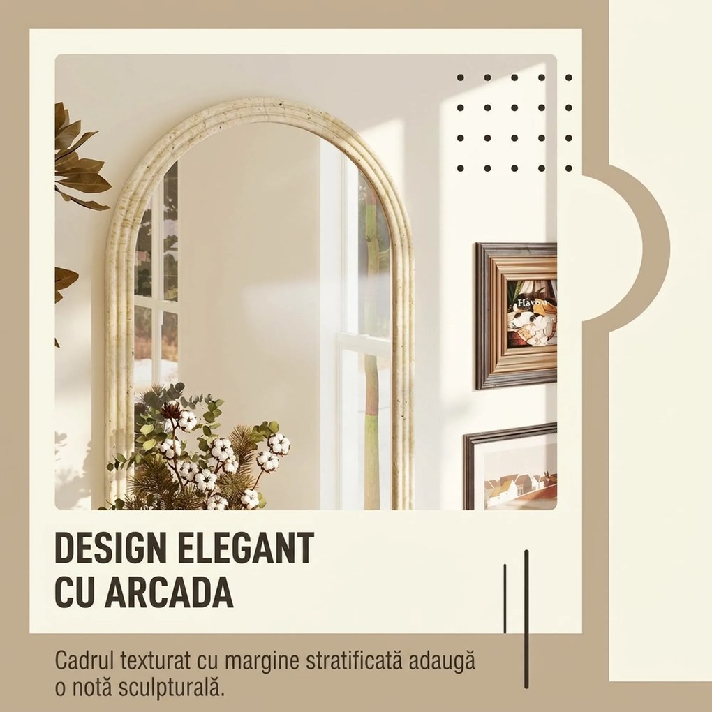 HOMCOM Oglindă de Perete în Formă de Arc cu Margine Canelată 60x2x90 cm Bej | Aosom Romania