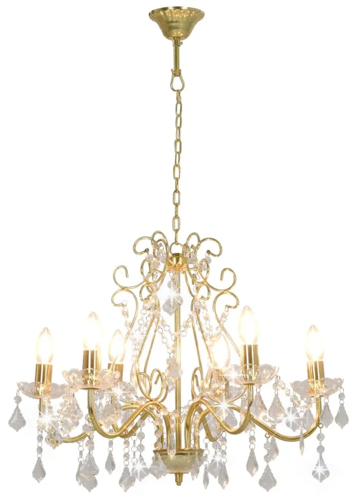 Candelabru cu margele de cristal, auriu, rotund, 6 x E14