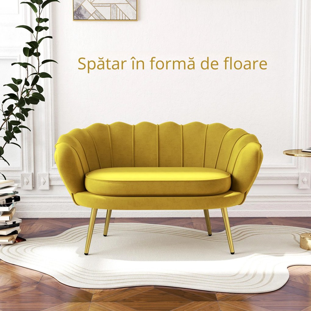 HOMCOM Canapea Modernă de 2 Locuri cu Brațe și Șezut Căptușit, pentru Dormitor și Sufragerie, 130x77x77 cm, Galben | Aosom Romania