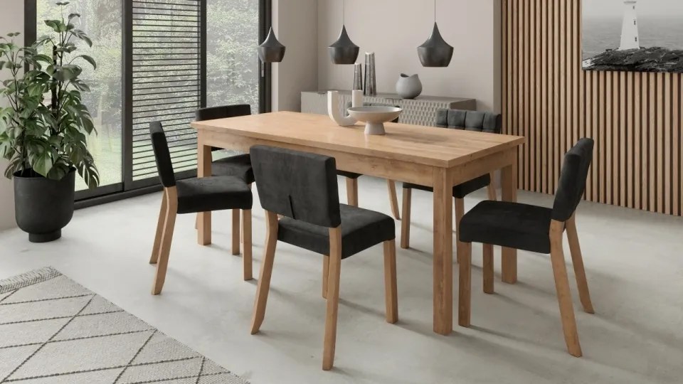 Set de masa extensibila si 6 scaune tapitate, RODOS 80, ADRK Furniture (Culoare: Negru / Sonoma)