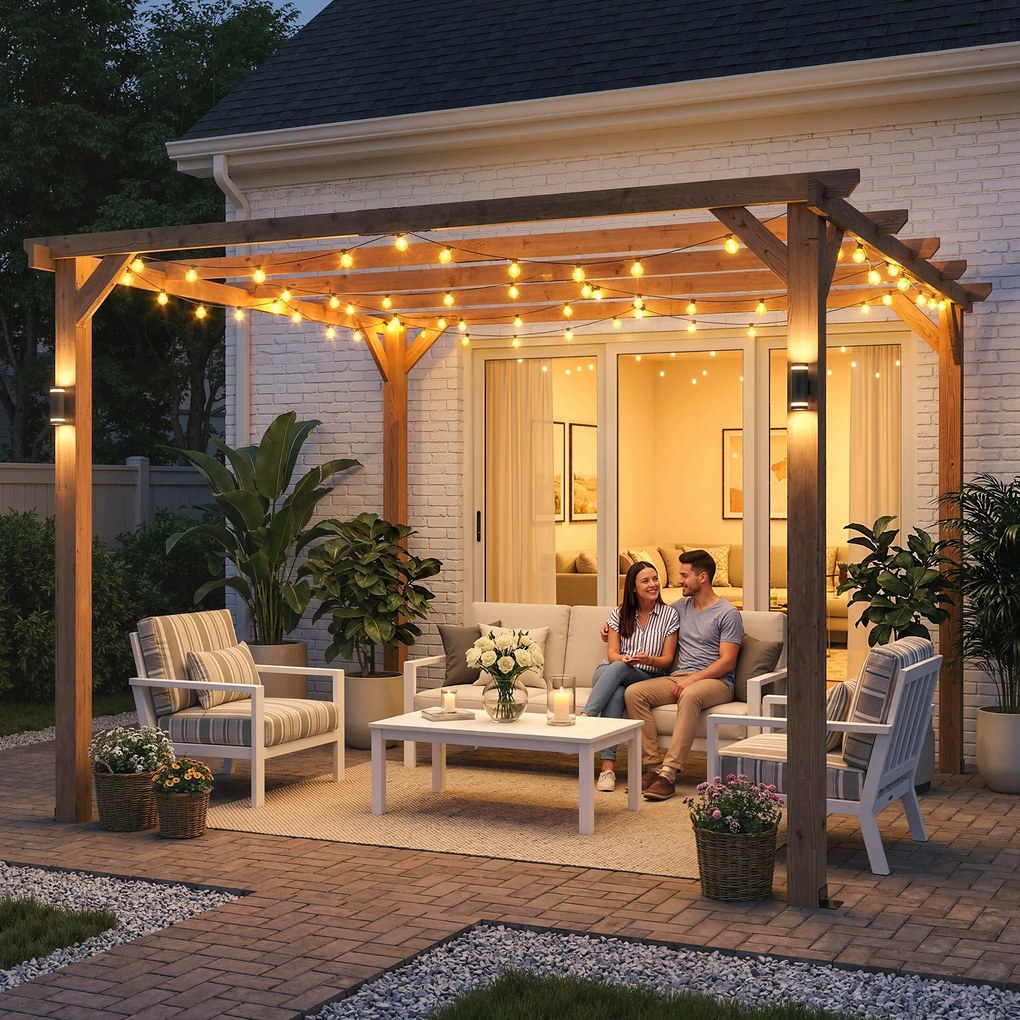 Outsunny Pergolă Gazebo 3x3 m din Lemn de Brad, Pergolă pentru Grădină cu Suporturi Triunghiulare și 5 Grinzi pentru Plante Cățărătoare, Pergolă din Lemn pentru Exterior, Patio, Terasă, Aspect Lemn de Arțar | Aosom Romania