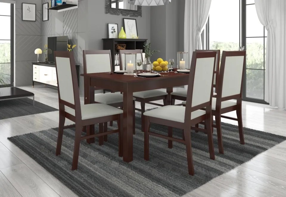 Set de masa extensibila si 6 scaune tapitate, RODOS 25, ADRK Furniture (Culoare: Nuc inchis)