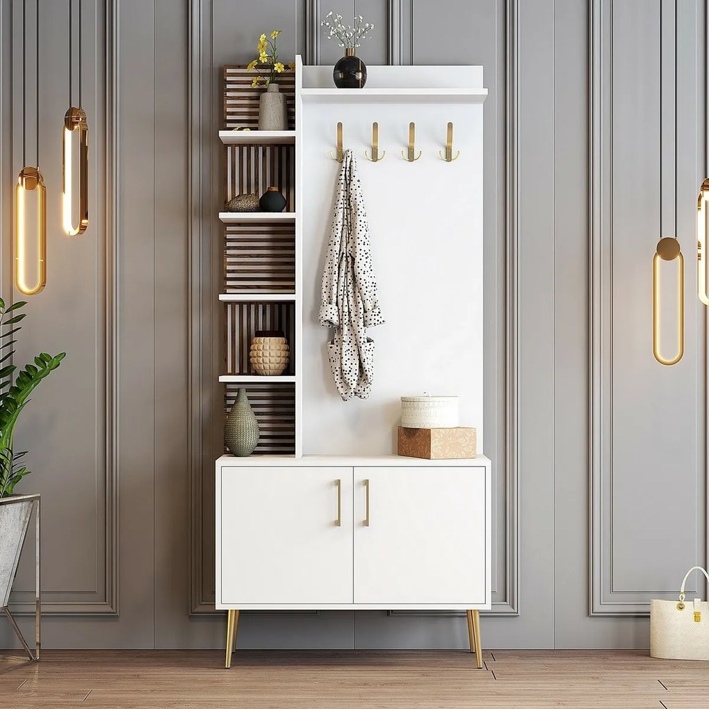 Cuier cu dulap pentru pantofi și rafturi ViyanaWhite and Gold