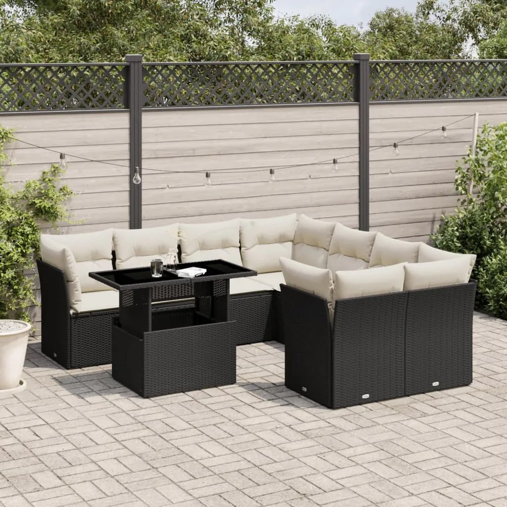 vidaXL Set mobilier de grădină cu perne, 9 piese, negru, poliratan