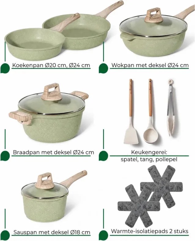Set de oale Just Perfecto JL-33SET, 13 piese, Aluminiu, Acoperire marmura, Capac sticla, Fara PTFE si PFOA, Inductie, Verde