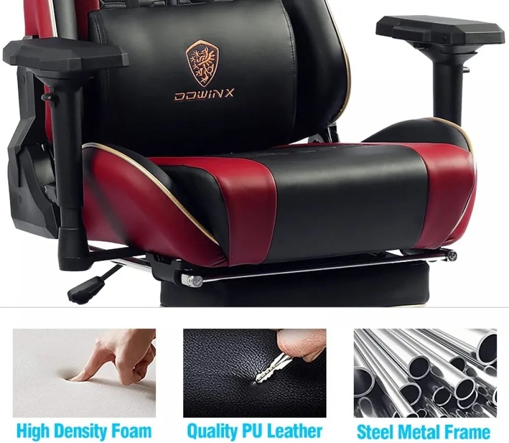 RESIGILAT- DOWINX Scaun gaming, ergonomic, pernă lombară cu masaj, suport pentru picioare, piele PU matlasata, respirabila, cotiere 4D, rezistent 150 kg, Negru/Rosu