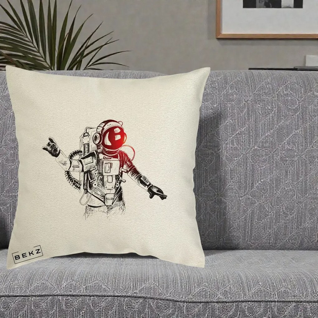 Perna Decorativa Astronaut Rock Sketching, 40x40 cm, Ecru, Husa Detasabila, Perna Inclusa, BEKZ®