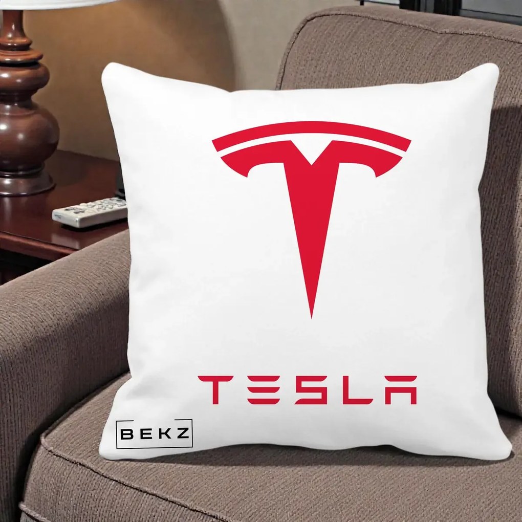 Perna Personalizata cu emblema Tesla, 40x40 cm, Alba Mata, Husa Detasabila, Perna Inclusa, BEKZ®
