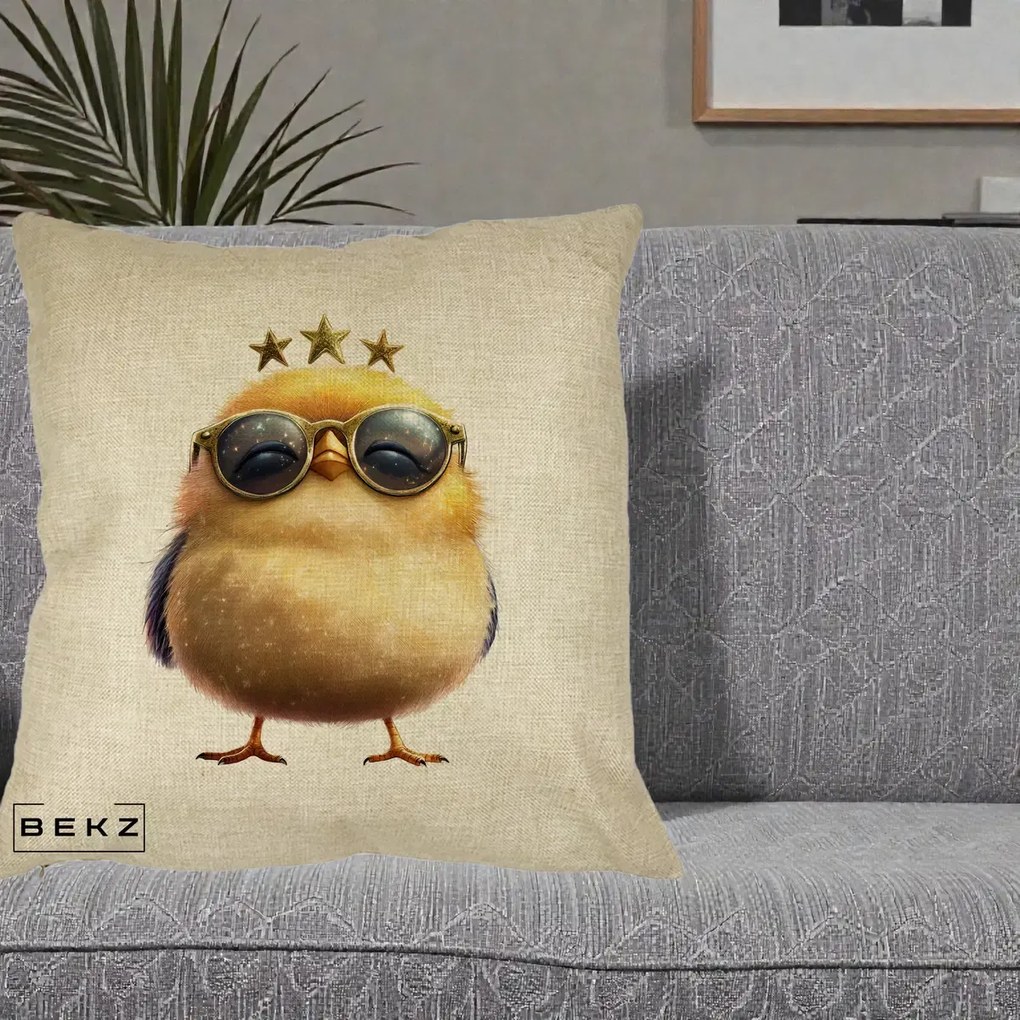 Perna Decorativa Pui Gold Star cu Ochelari Aurii, 40x40 cm, Crem, Husa Detasabila, Perna Inclusa, BEKZ®