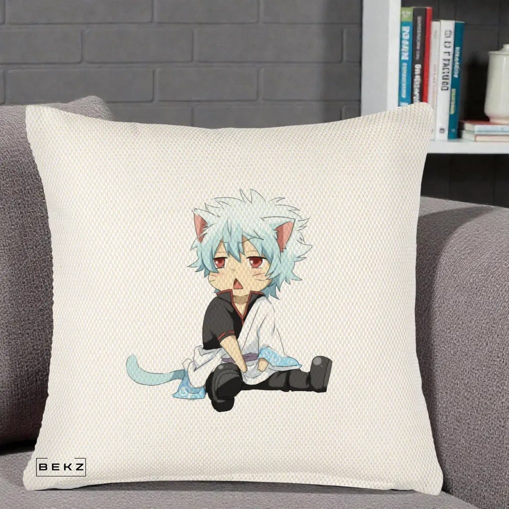 Perna Personalizata Gintama Gintoki Chibi Pisica, 40x40 cm, Crem Reliefat, Husa Detasabila, Perna Inclusa, BEKZ®