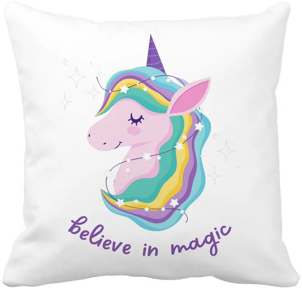 Perna Decorativa Patrata Unicorns Believe in Magic, 40x40 cm, Alba, Mata, Husa Detasabila, Burduf