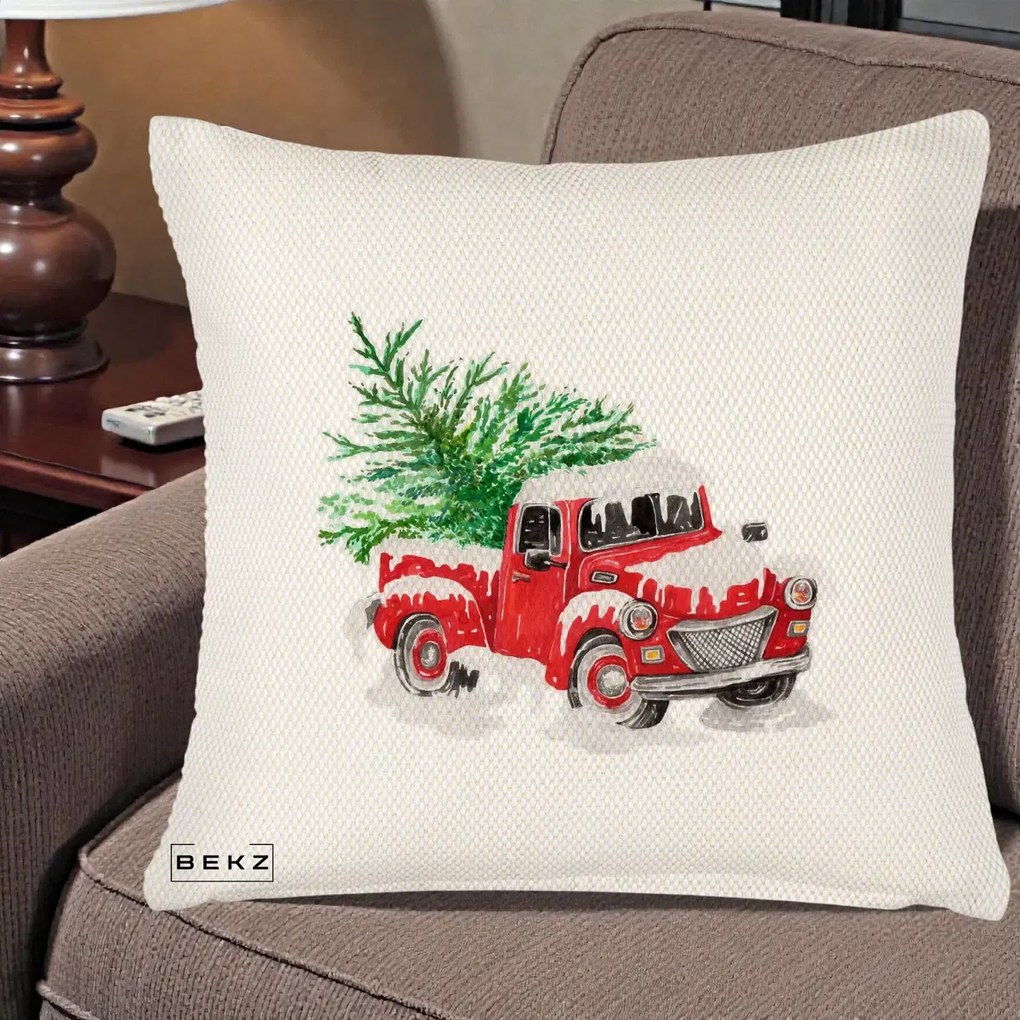 Perna Decorativa Camioneta Rosie Brad de Craciun, 40x40 cm, Crem Reliefat, Husa Detasabila, Perna Inclusa, BEKZ®