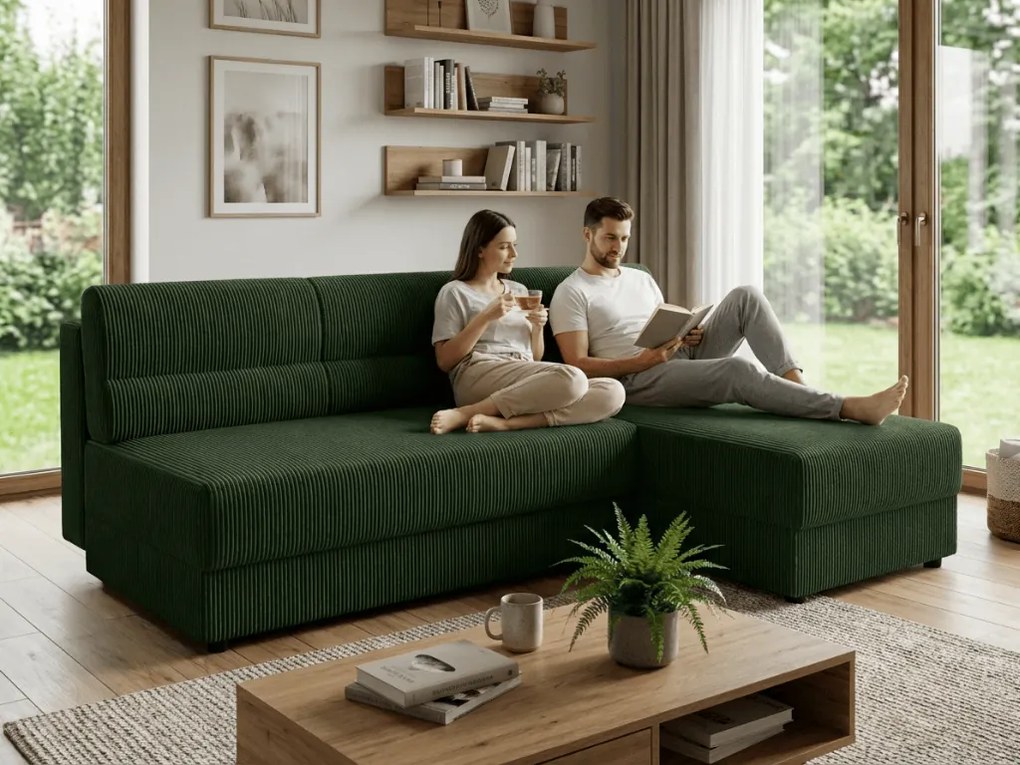 OFERTA Canapea extensibila reversibila in forma de L TAVERO SLIM 201x140 cm, verde inchis calitate II