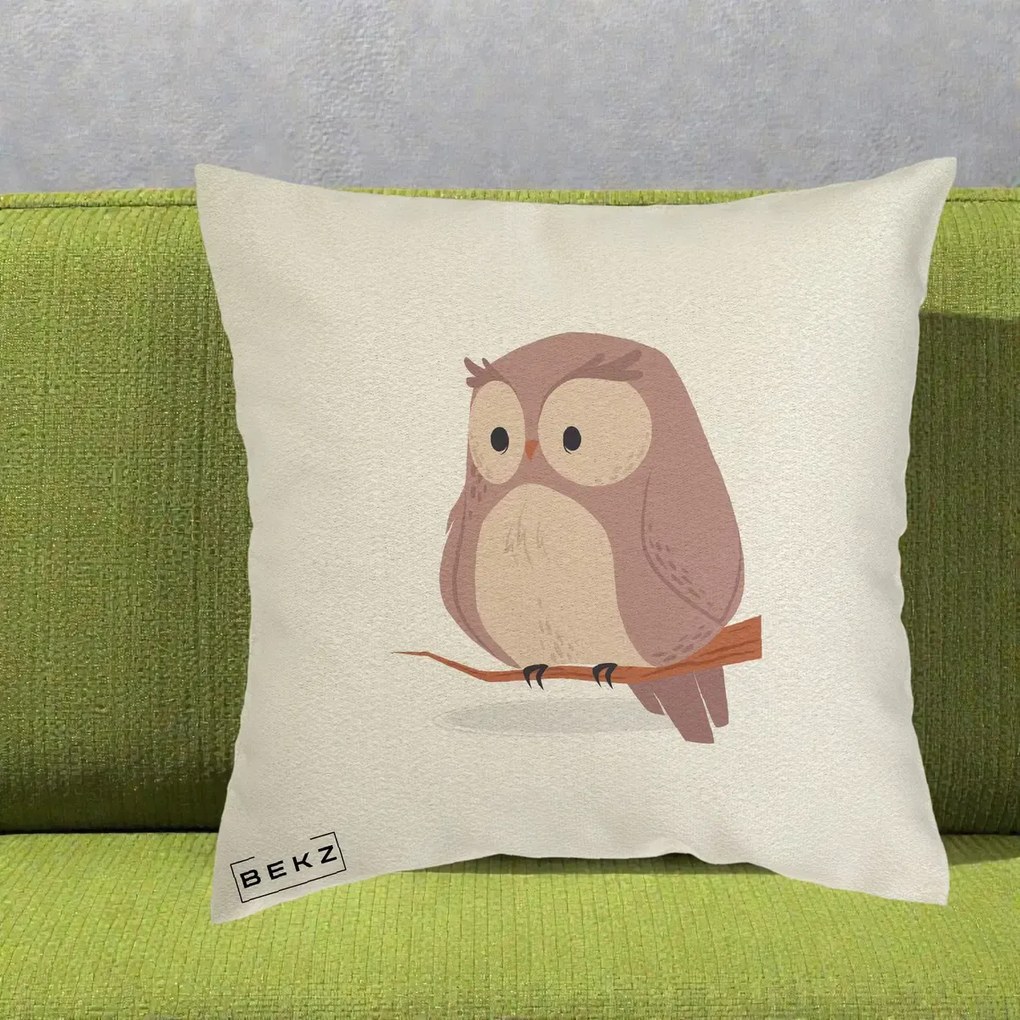 Perna Decorativa Bufnita Kawaii pe Creanga, 40x40 cm, Ecru, Husa Detasabila, Perna Inclusa, BEKZ®