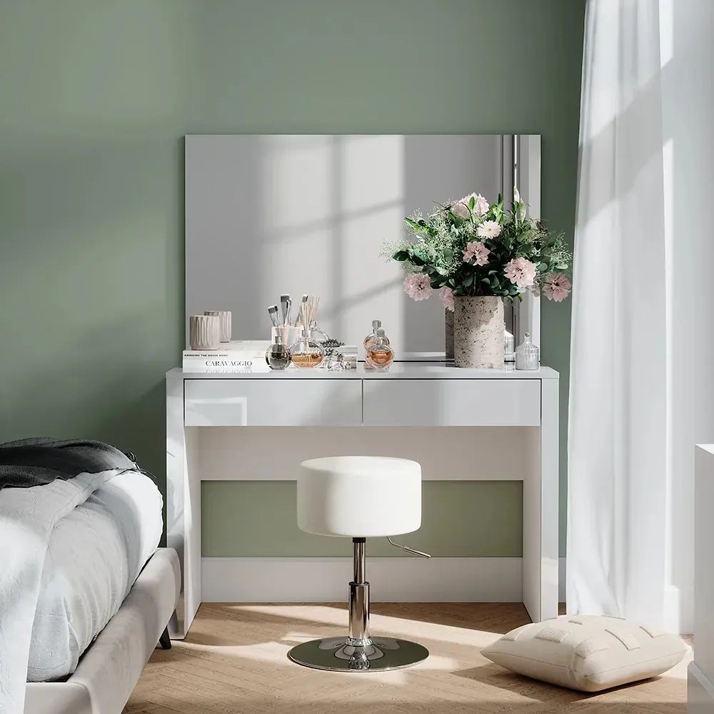 Masuta machiaj cu Oglinda LED si 2 Sertare pentru Cosmetice, Set Masa toaleta 110 cm, Alb Lucios, masuta cosmetica, vanity - SEA812