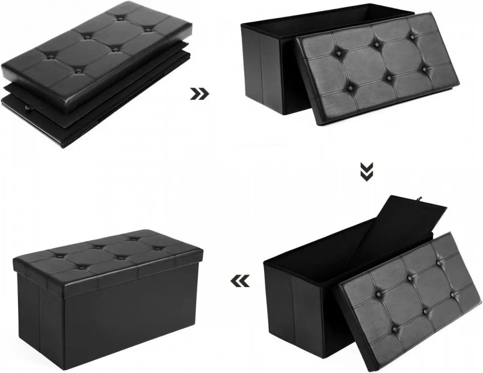 Bancheta cu capac si spatiu depozitare, 76 x 38 x 38 cm, MDF / piele ecologica, negru, Songmics