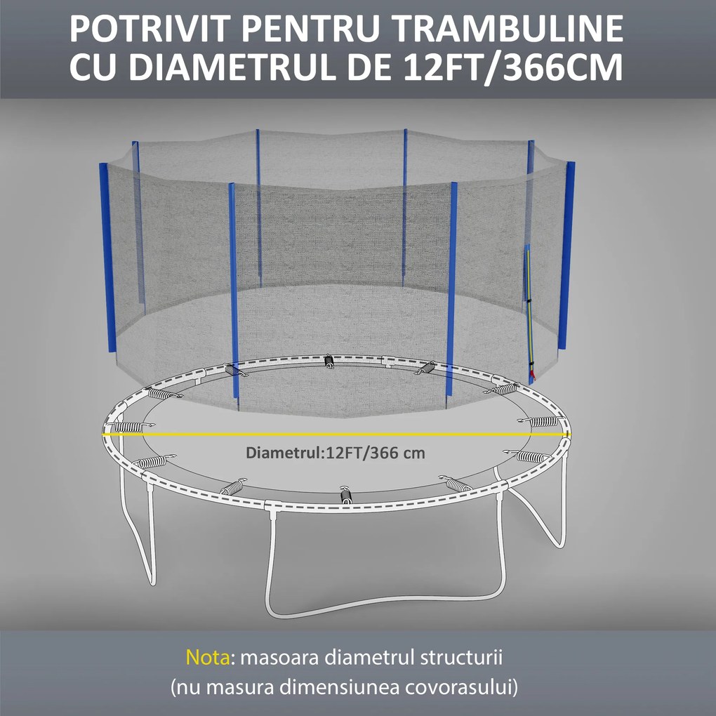 SPORTNOW Plasă Înlocuire Trambulină Rotundă 366cm, 8 Stâlpi Verticali, Tarc Rezervă Rezistent, Negru-Albastru | Aosom Romania