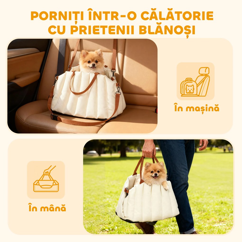 PawHut Scaun Auto pentru Câini Mici cu Lesă și Bază Antiderapantă, Convertibil în Geantă pentru Animale, Crem | Aosom Romania