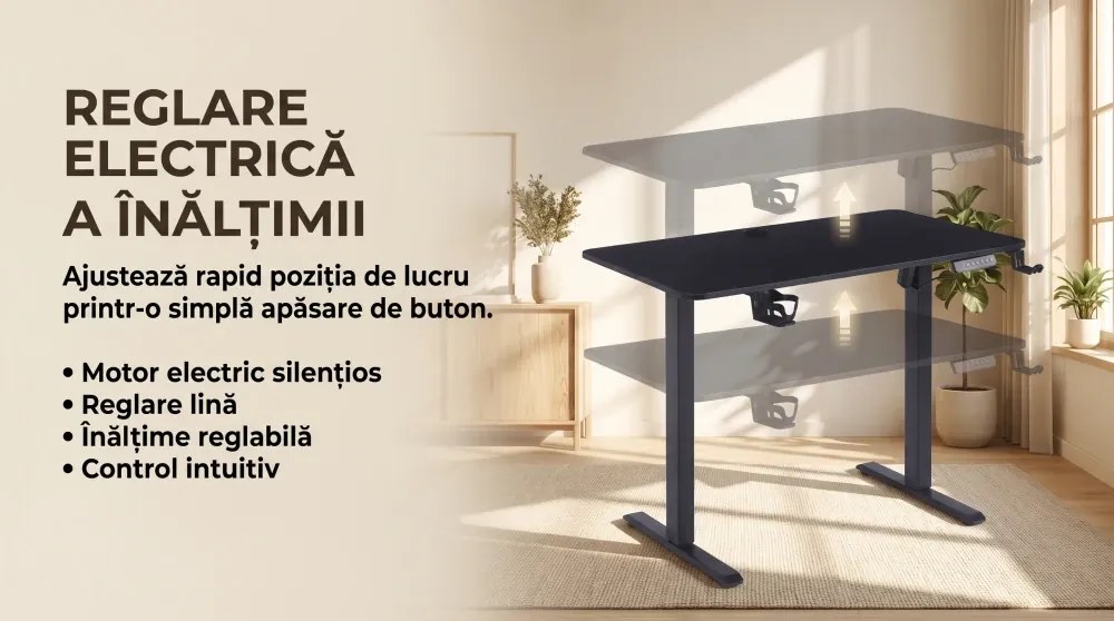 ELEVON WX-009 – Birou Reglabil Electric, Înălțime Reglabilă 72–118 cm, Blat Monobloc PAL de Înaltă Densitate 15 mm, Cadru Metalic din Oțel 65×45 mm, Panou Electronic, 120 × 60 cm, Negru