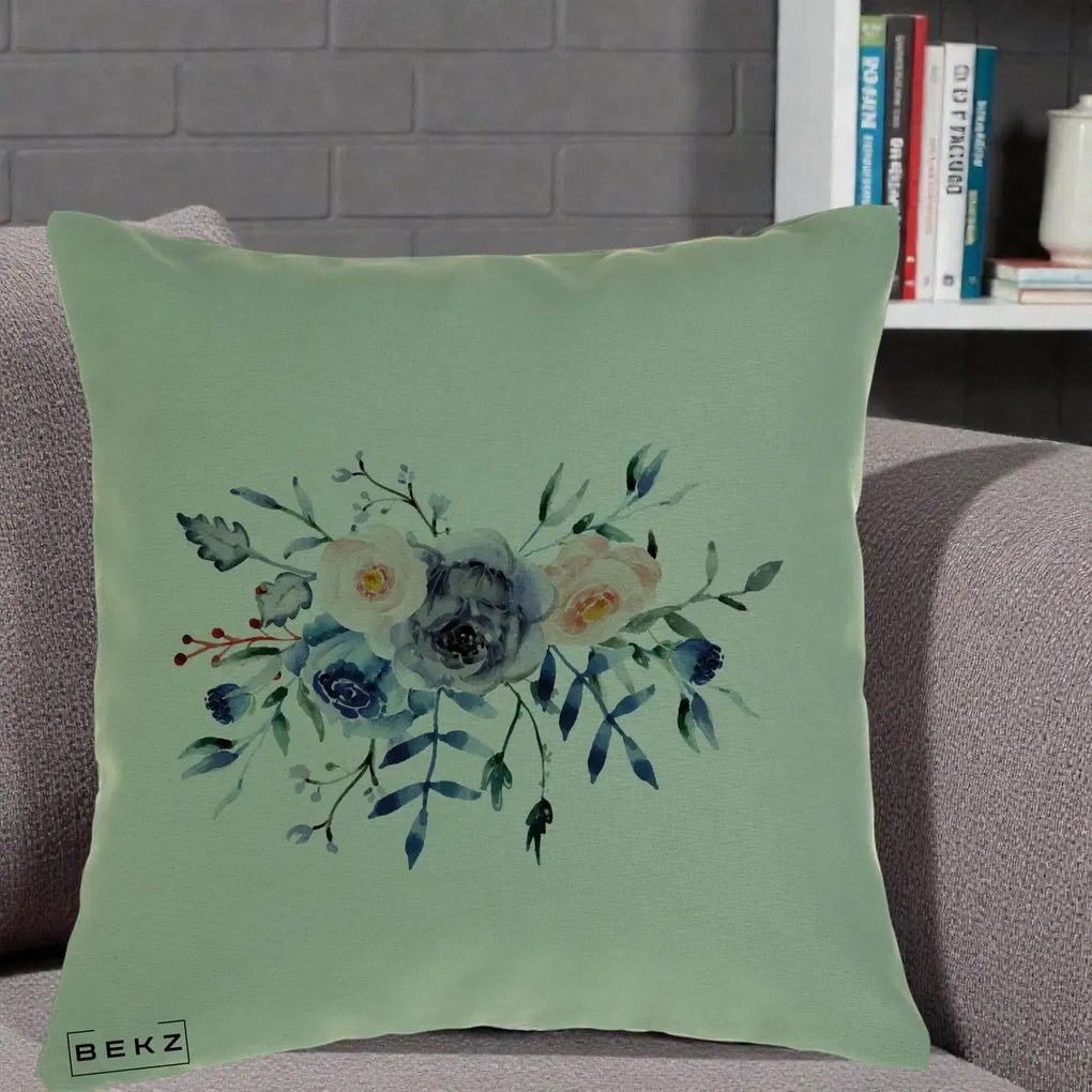 Perna Decorativa Buchet Flori Albastre Acuarela, 40x40 cm, Verde, Husa Detasabila, Perna Inclusa, BEKZ®