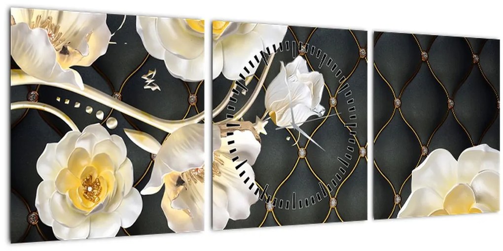 Tablou - Imagine cu flori de trandafir alb (cu ceas) (90x30 cm)