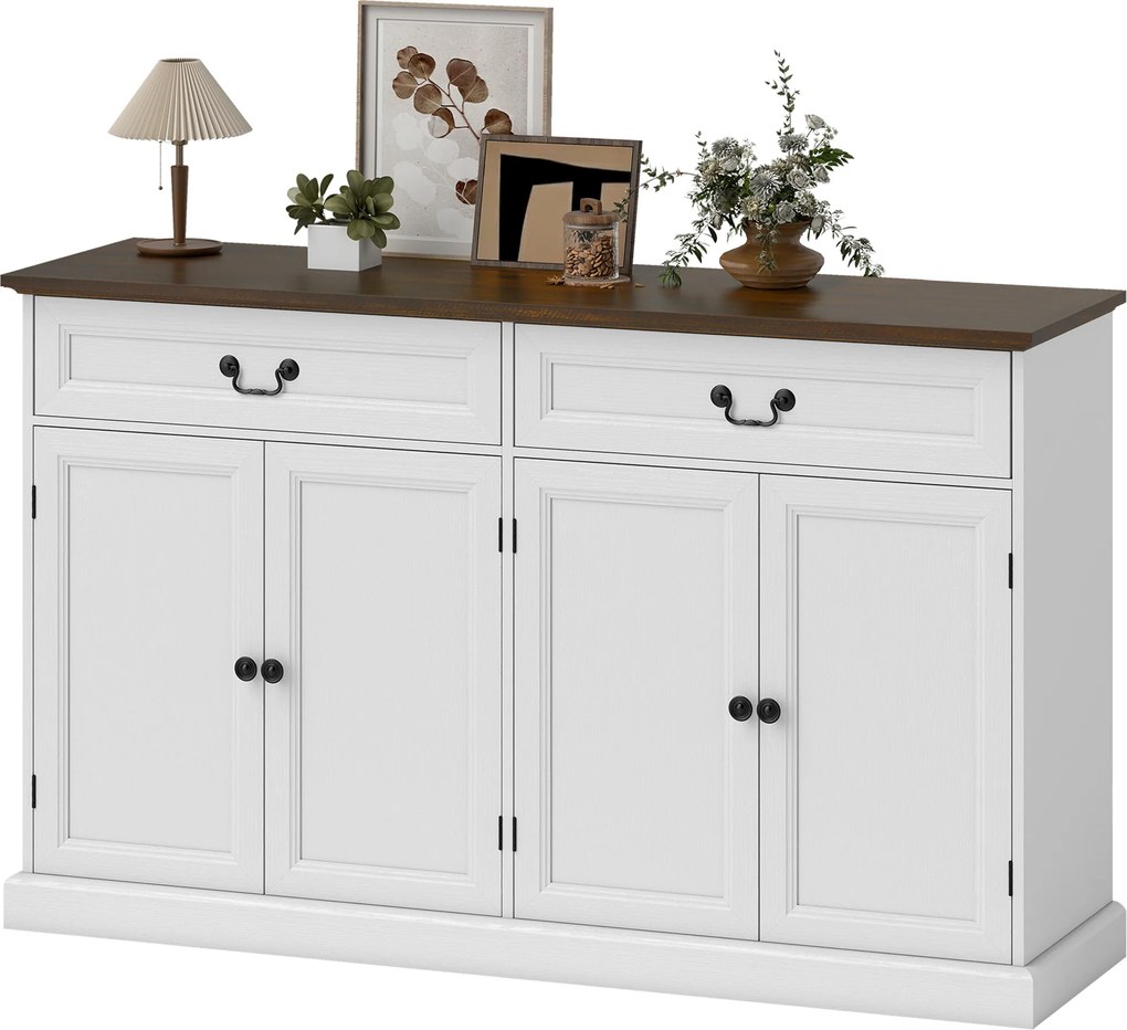 HOMCOM Bufet pentru living, corp de depozitare cu 4 uși, 2 sertare silențioase, rafturi reglabile, 140x40x85cm, alb și maro | Aosom Romania