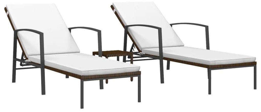 Sezlonguri de plaja cu masa, 2 buc., maro, poliratan